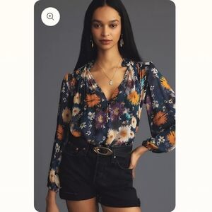 Anthropologie Floral Blouse in Navy and Orange